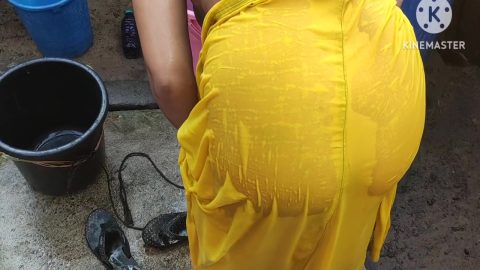 Indian House Wife Bathing Outside